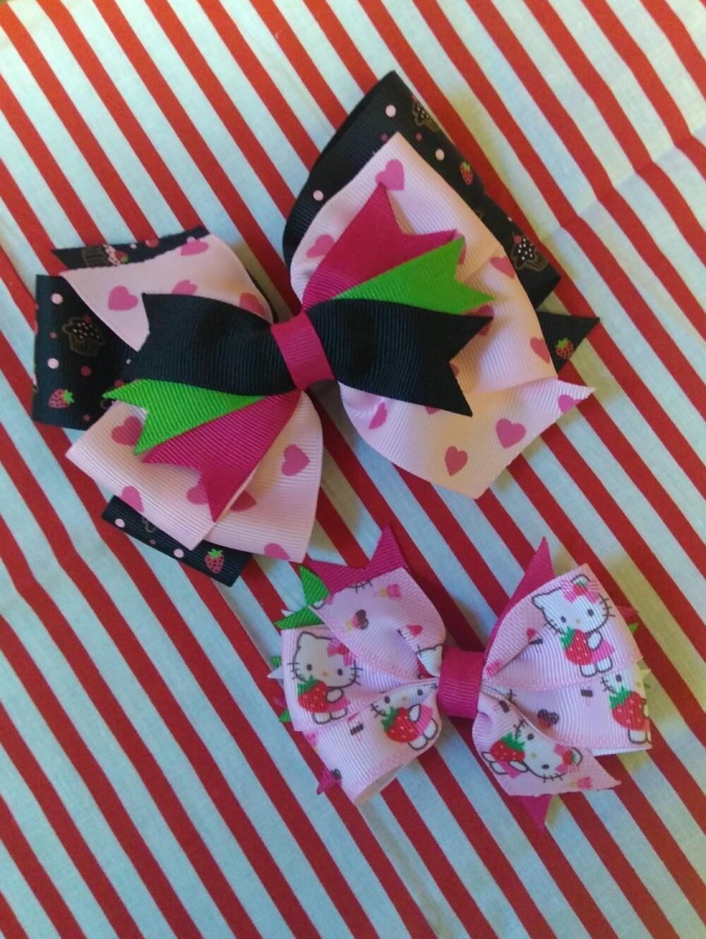 Handmade Boutique Hello Kitty-inspired Strawberry Stacked Hair Bows 🍓